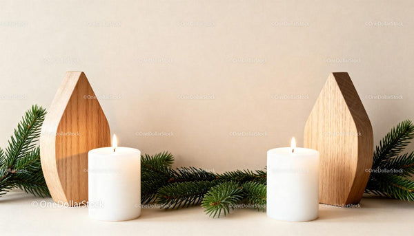 Minimalist Winter Candles with Pine and Wood Decor