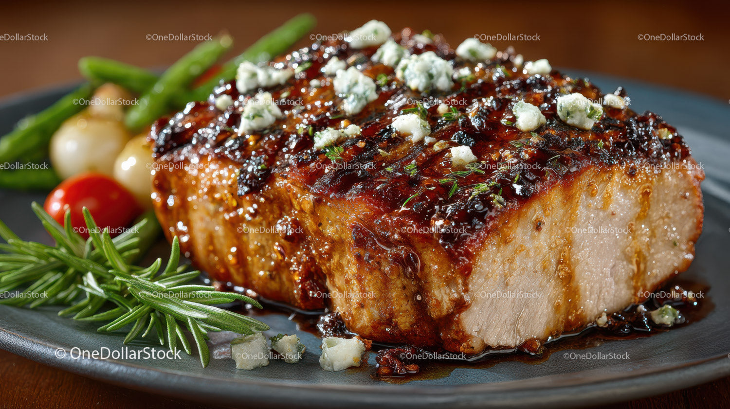 Barbecue Glazed Pork Loin with Green Beans and Cherry Tomatoes