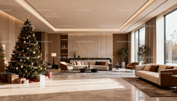 Modern Spacious Living Room with Festive Christmas Tree
