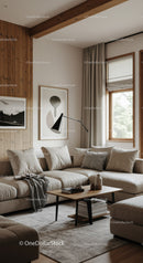 Bright Modern Living Room with Beige Couch and Wooden Accents