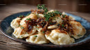 Japanese Gyoza Dumplings with Crispy Edges and Green Garnish