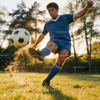Young soccer player kicking ball on grassy field