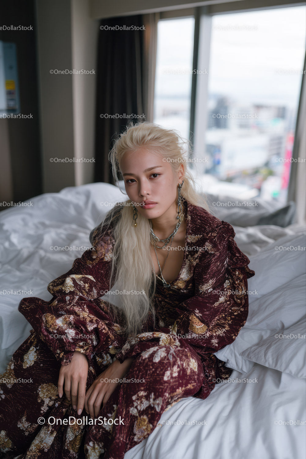 Stylish Young Woman with Platinum Blonde Hair in Urban Modern Bedroom