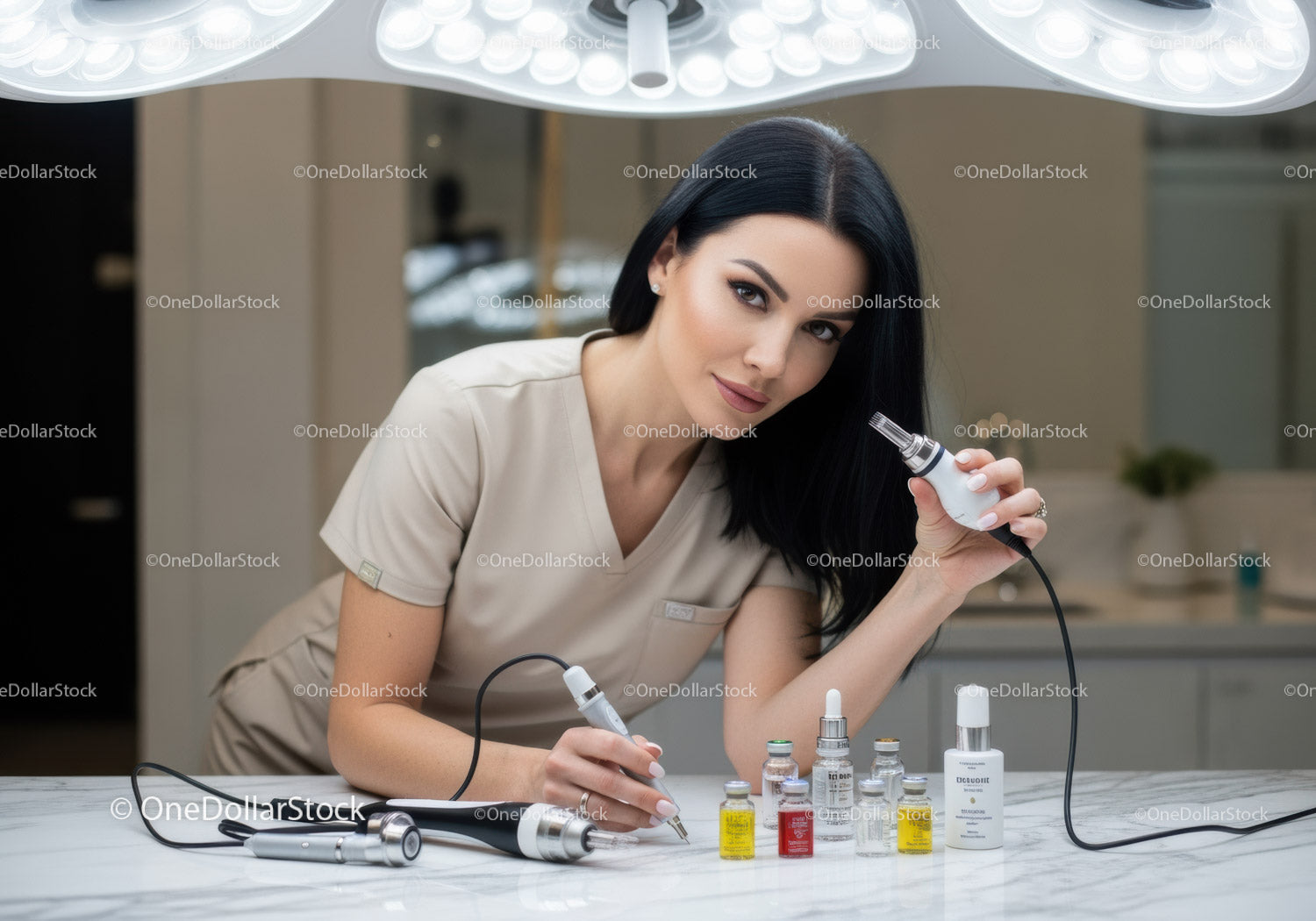 Woman in Beige Uniform Performing Cosmetic Skin Treatment in Clinic