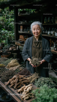 Elderly Woman Selling Fresh Organic Herbs in a Natural Herbal Shop