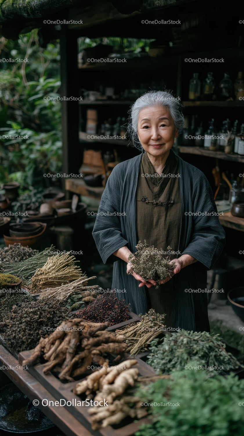 Elderly Woman Selling Fresh Organic Herbs in a Natural Herbal Shop