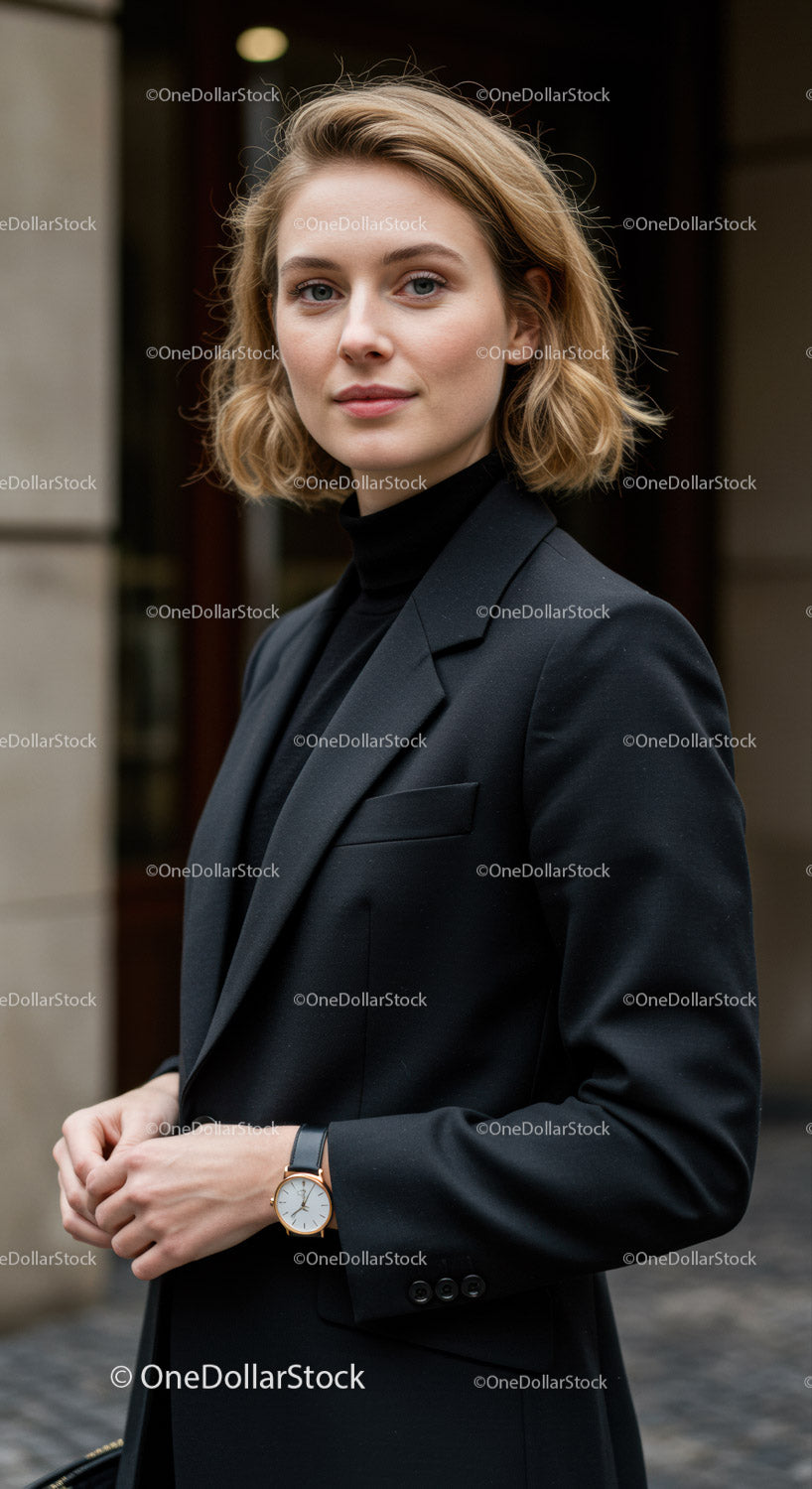 Elegant Young Businesswoman in Black Blazer and Turtleneck Outdoors