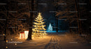 Snowy forest path with glowing Christmas trees and gifts