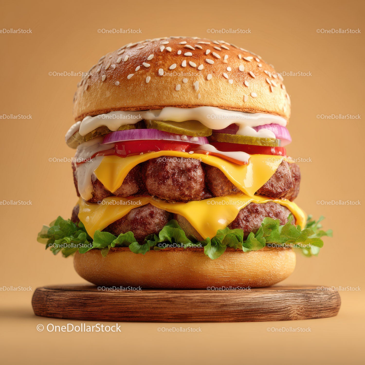 Juicy Cheeseburger with Layers of Cheese Lettuce Tomato and Pickles