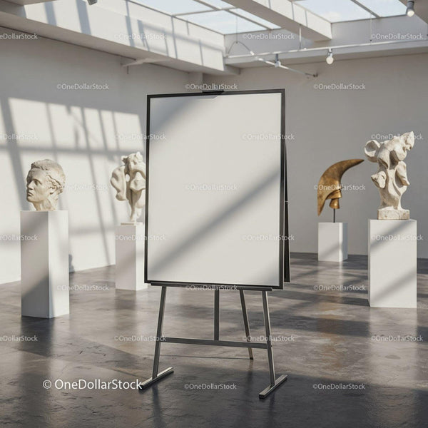 Blank easel in modern gallery with classical sculptures JPG Mockup Image