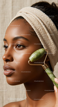 Close-up of an African American woman using jade roller for facial massage