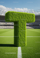Green grass letter T standing on soccer field