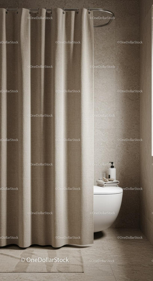 Elegancka łazienka z beżową zasłoną prysznicową i minimalistycznym wystrojem