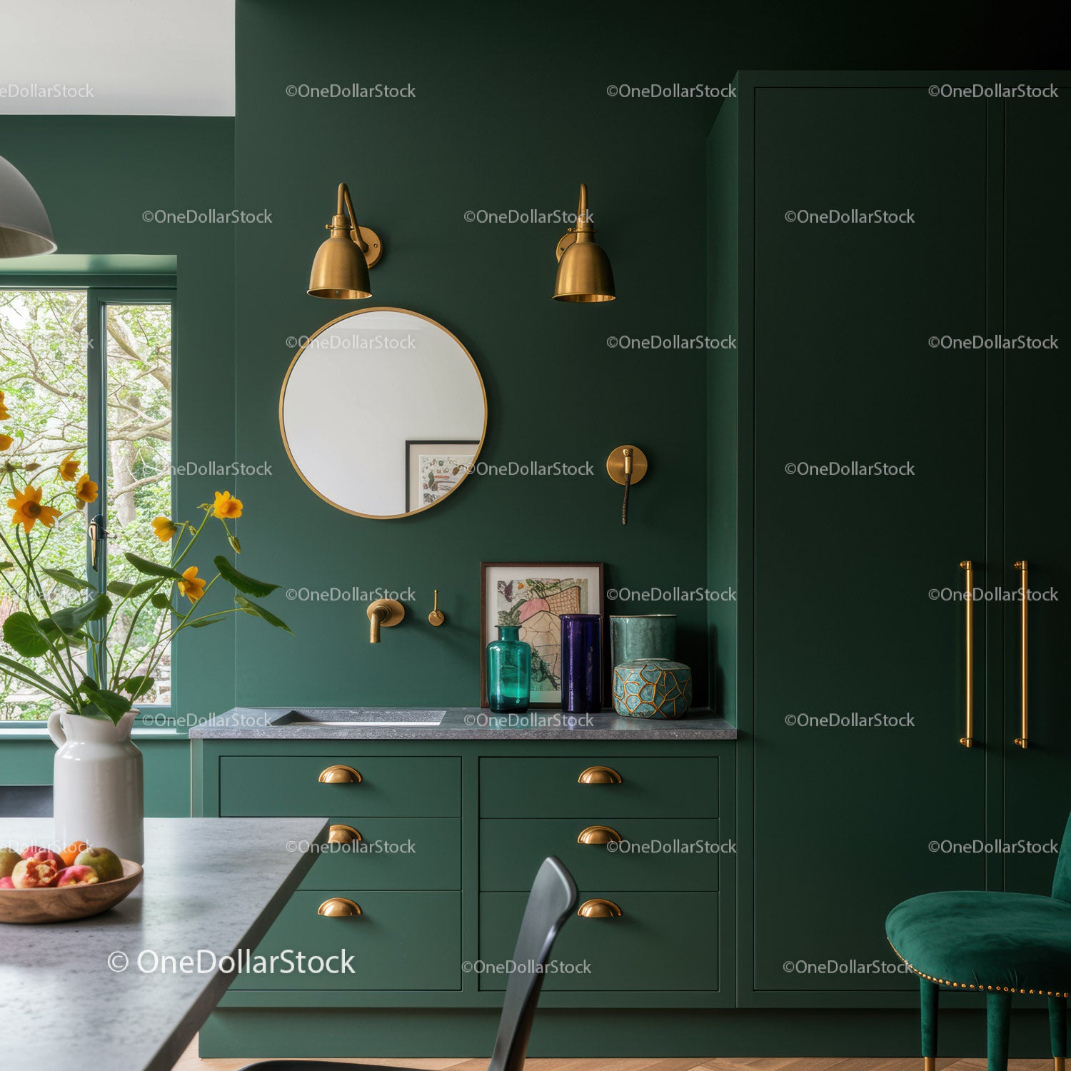 Elegant Green Kitchen with Gold Accents and Modern Decor