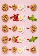 Healthy snack arrangement with granola, banana, and coconut