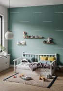 Bright Kids Bedroom with Wall Shelves and Plush Toys