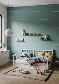 Bright Kids Bedroom with Wall Shelves and Plush Toys