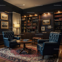 Cozy study room with classic leather chairs and bookshelves