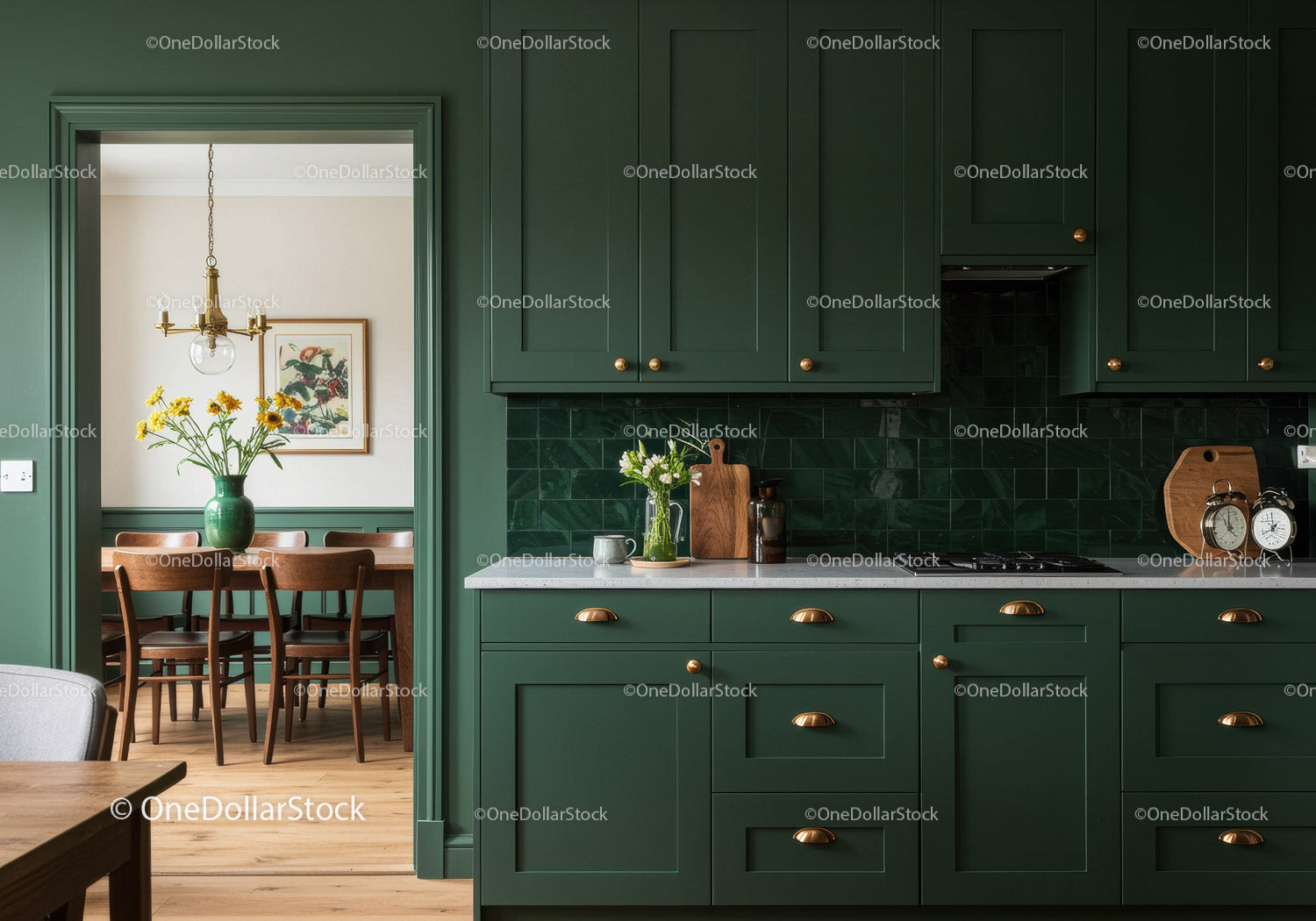 Stylish Green Kitchen with Wooden Dining Area and Vintage Decor