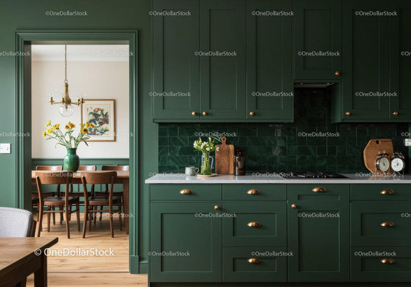 Stylish Green Kitchen with Wooden Dining Area and Vintage Decor