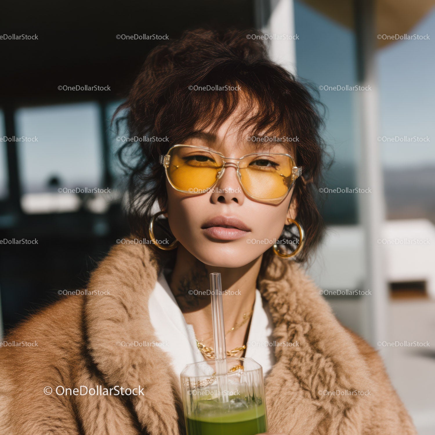 Fashionable Woman Wearing Yellow Sunglasses with Fur Coat Outdoors