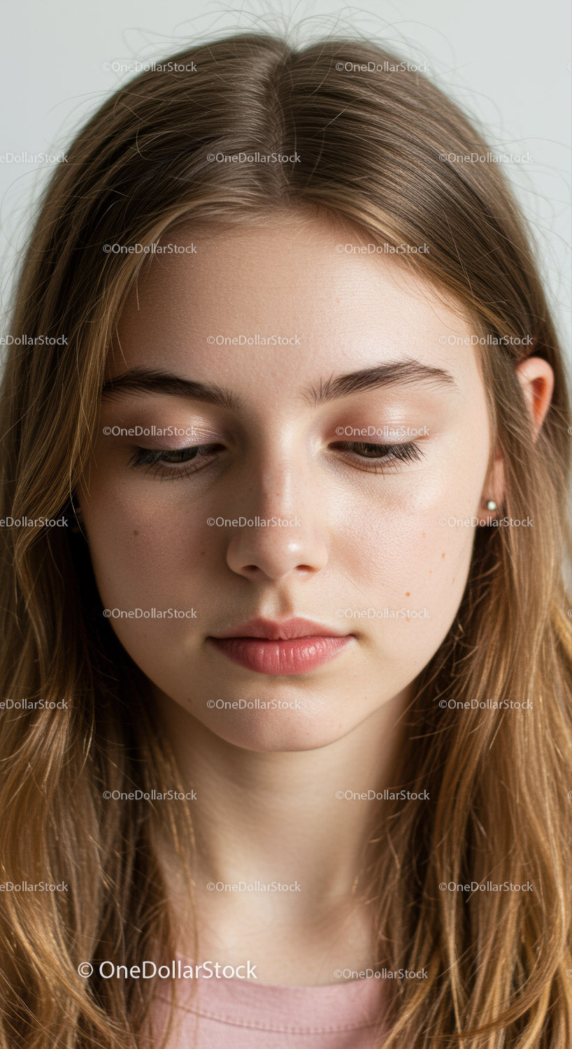 Serene Young Woman with Long Brown Hair Close-Up Portrait