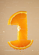Fresh orange slice shaped like number one with droplets