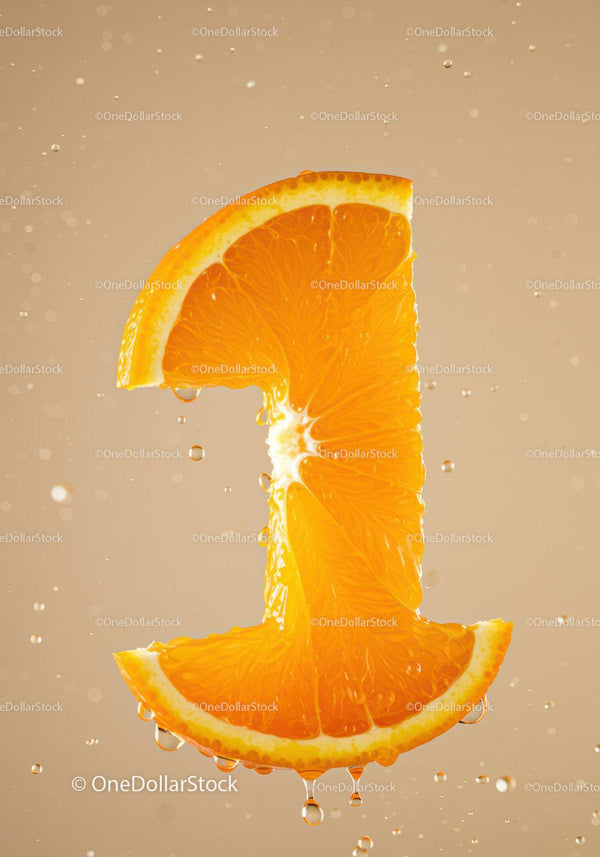 Fresh orange slice shaped like number one with droplets