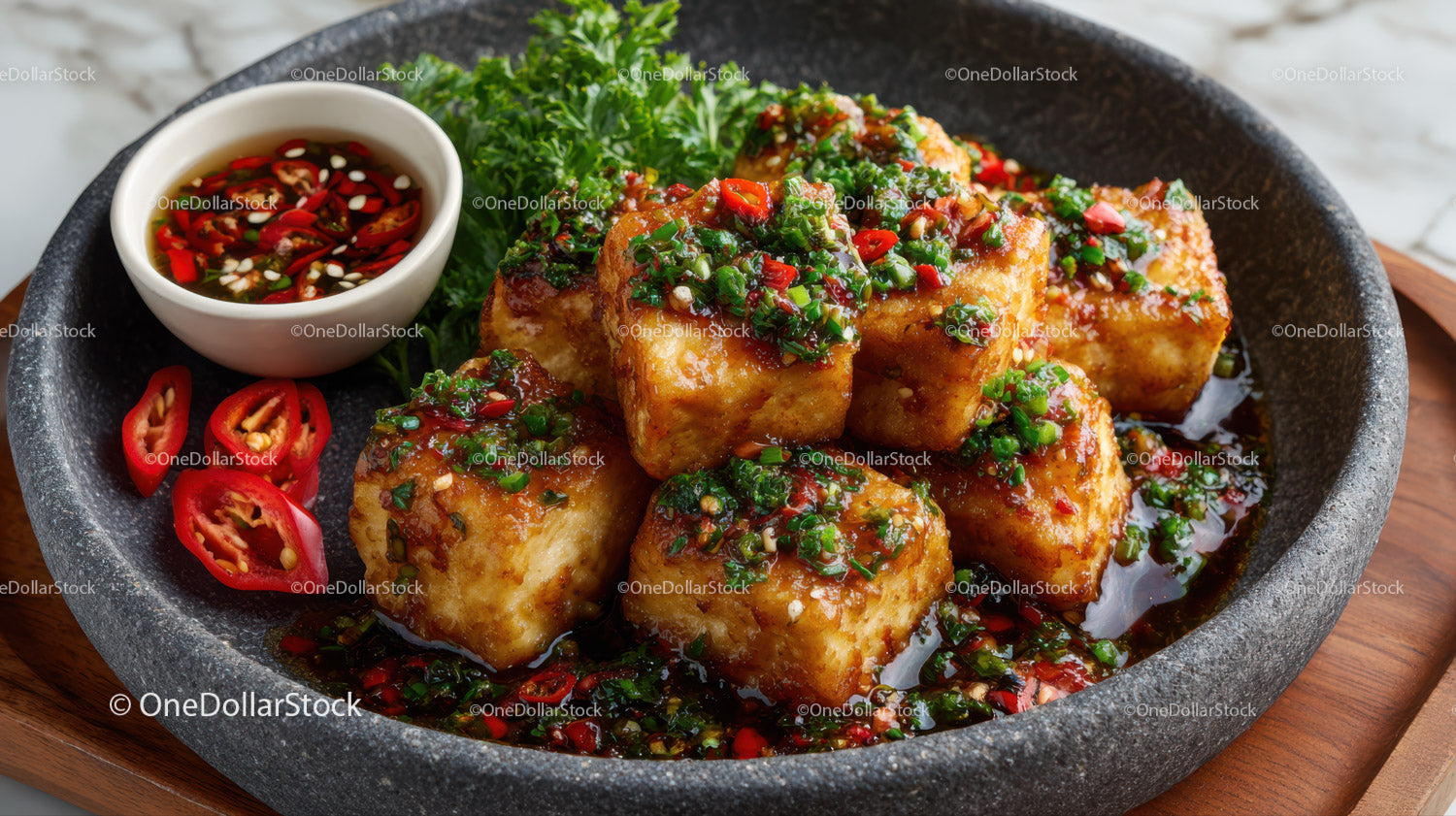 Crispy Tofu with Chili Sauce and Green Herbs on Black Stone Plate