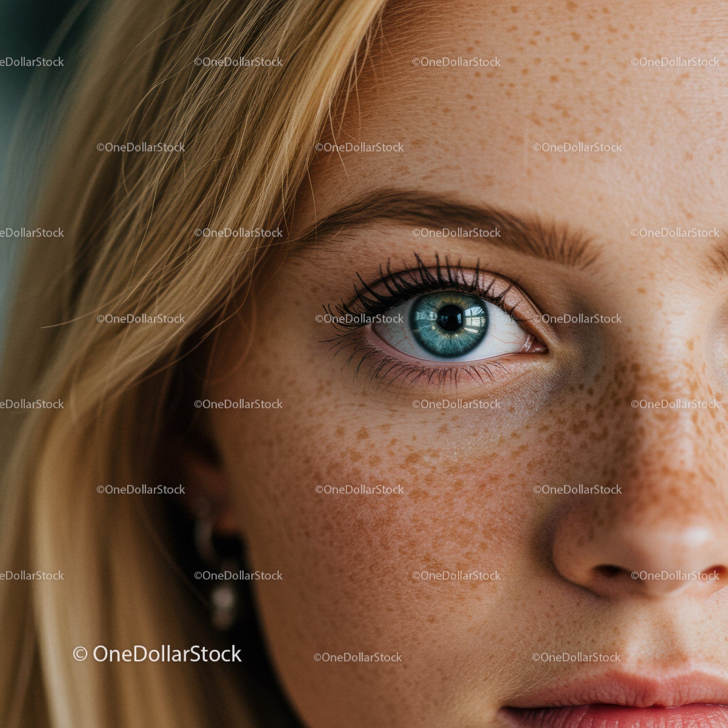 Close up of blue eye and freckled skin on young woman