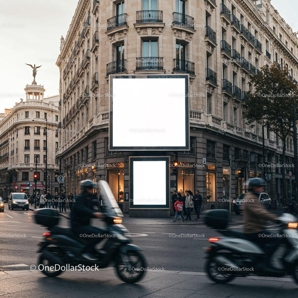 Urban street corner with blank advertising billboards JPG Mockup Image
