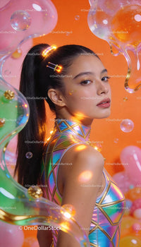 Young Woman in Futuristic Holographic Outfit with Orange Background
