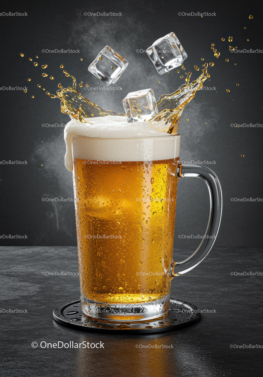 Foamy beer splash with ice cubes in glass mug