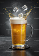 Foamy beer splash with ice cubes in glass mug