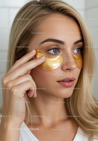 Young Woman Applying Gold Eye Masks for Skincare Routine