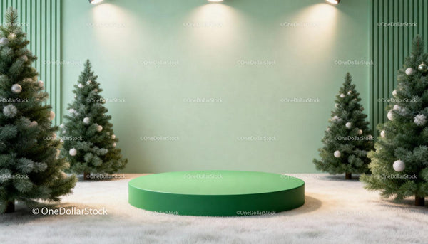 Minimalist Christmas Display with Green Podium and Trees
