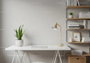 Modern Minimalist Home Office with Snake Plant and Wooden Shelf