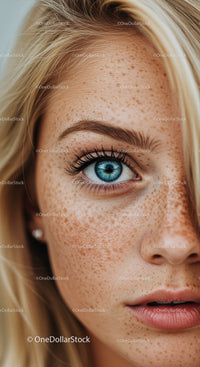 Close up portrait of blue eyed woman with freckles