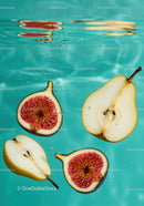 Fresh Figs and Pear Halves Floating in Clear Water