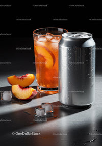 Refreshing Peach Iced Drink with Silver Can on Gray Surface