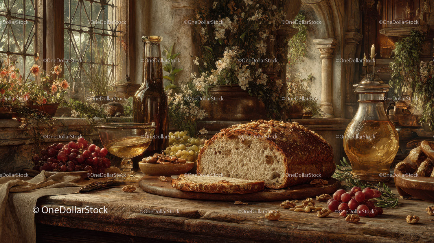 Vintage Rustic Bread and Fruit Set in Cozy Country Kitchen