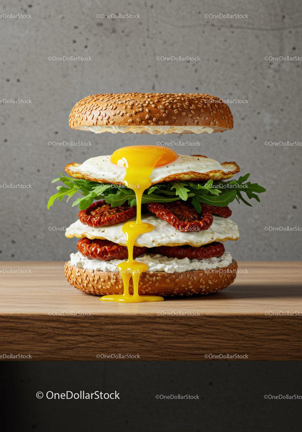 Gourmet sandwich with fried eggs and sun dried tomatoes