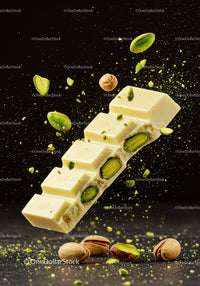 White chocolate bar with vibrant pistachios flying