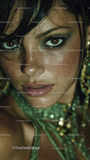 Close-up of Woman with Glittering Green Eye Makeup and Luminous Skin