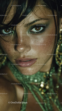 Close-up of Woman with Glittering Green Eye Makeup and Luminous Skin
