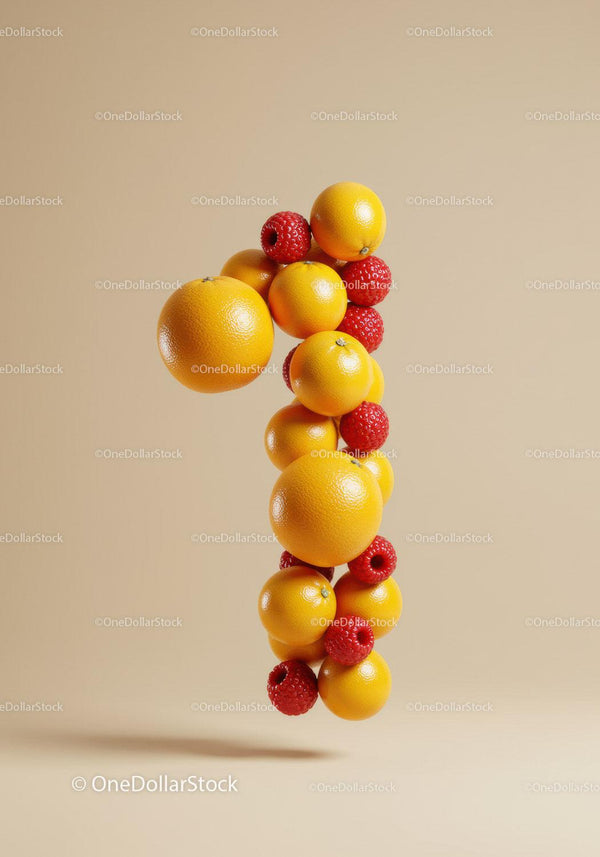 Number One Composed of Fresh Oranges and Raspberries