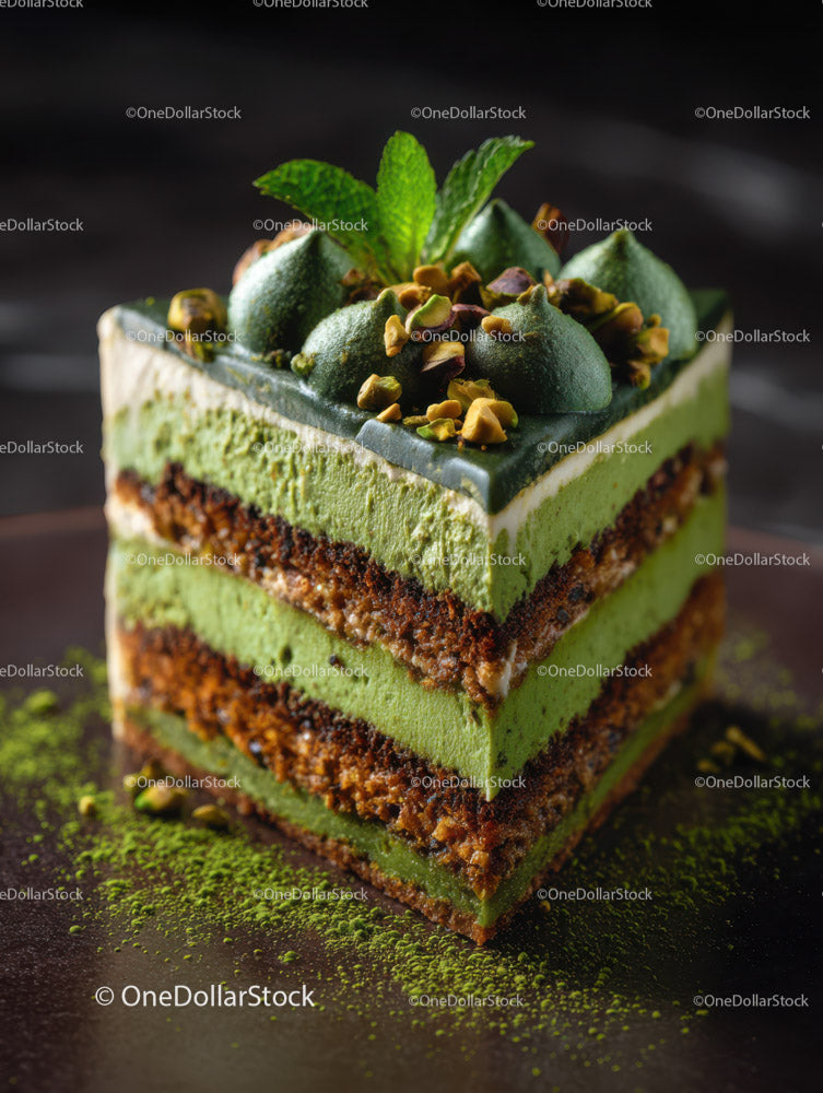 Green Matcha Cake with Chocolate Base and Artistic Garnish