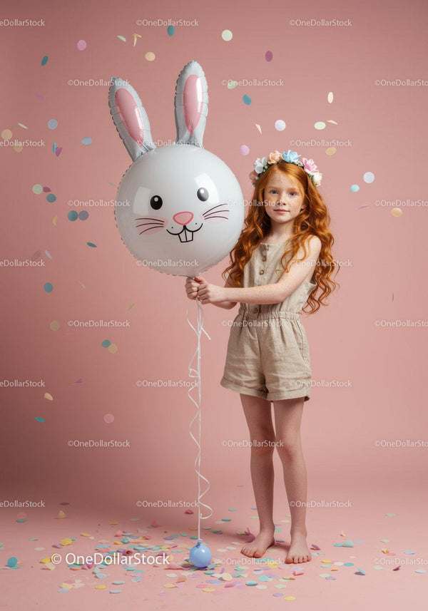 Ruda dziewczynka z kwiatową koroną trzymająca balon z królikiem