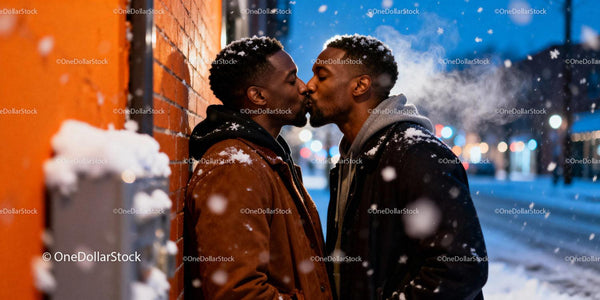 Couple sharing a tender kiss in snowy winter evening