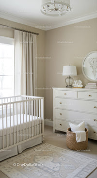 Elegant White Nursery with Crib and Cozy Decor in Neutral Tones